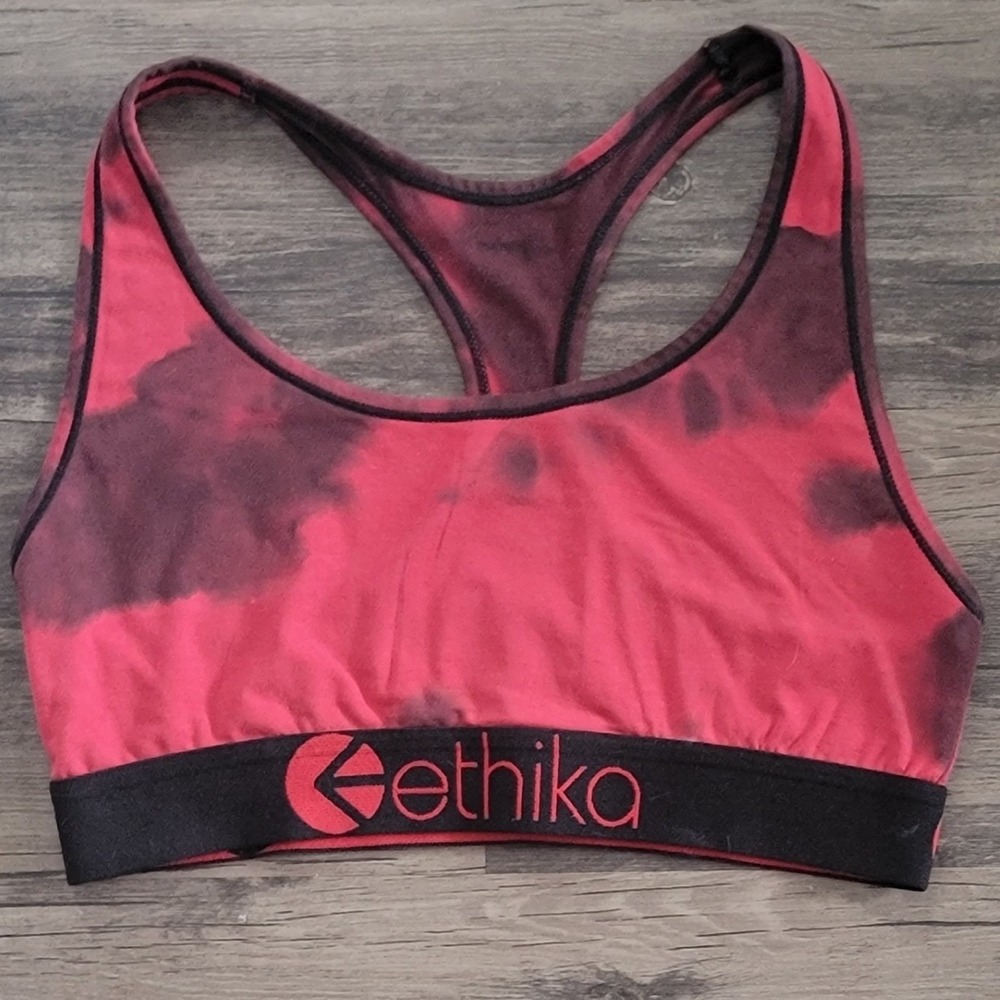 Ethika Womens Red‎ Black Tie Dye Racerback Sports Bra Size Medium Logo Band